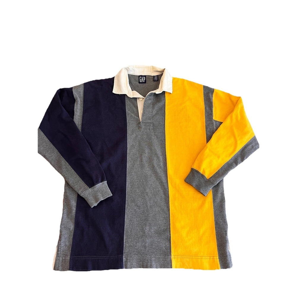 Vintage GAP Rugby Shirt Long Sleeve Polo Yellow Gray Blue 90s Men's Small Retro